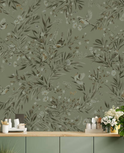 grønt tilpasseligt legerum vægmaleri kaldet Playful Robins - Monochrome Green til planteskoler