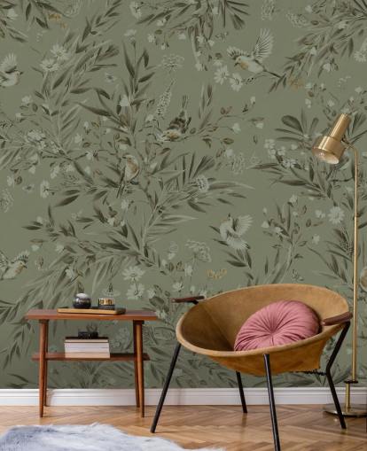 grønt tilpasseligt legerum vægmaleri kaldet Playful Robins - Monochrome Green til planteskoler