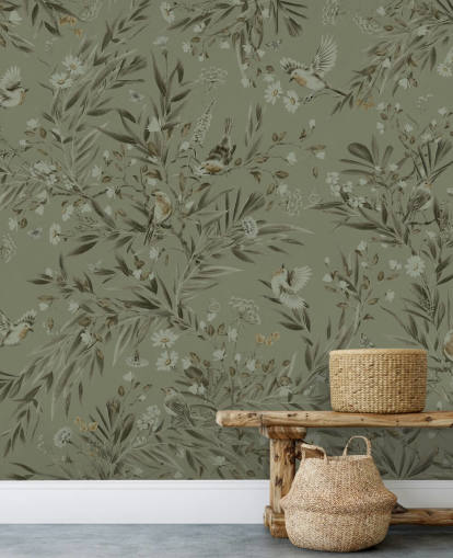 green customisable playroom wall mural called Playful Robins - Monochrome Green for nurseries green customisable playroom wall mural called Playful Robins - Monochrome Green for nurseries