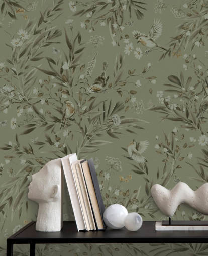 murale verde personalizzabile per la stanza dei giochi chiamato Playful Robins - Monochrome Green for nurseries