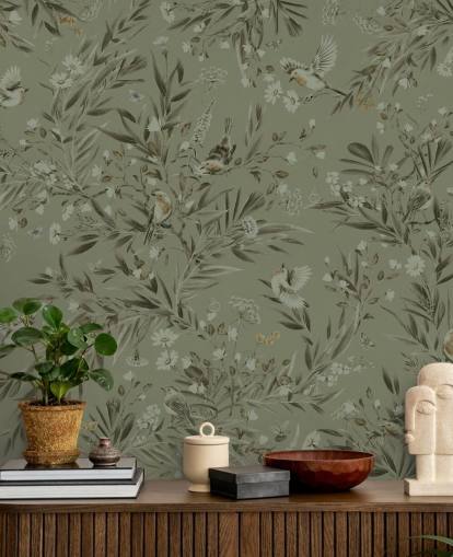 mural de pared verde personalizable para sala de juegos llamado Playful Robins, verde monocromo para guarderías