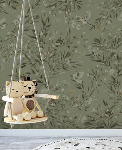 Grünes personalisierbares Wandbild für das Spielzimmer namens Playful Robins - Einfarbiges Grün für Kindergärten Grünes personalisierbares Wandbild für das Spielzimmer namens Playful Robins - Einfarbiges Grün für Kindergärten