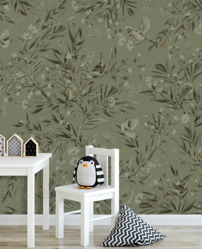 fresque murale verte personnalisable pour salle de jeux appelée Playful Robins - Vert monochrome pour crèches