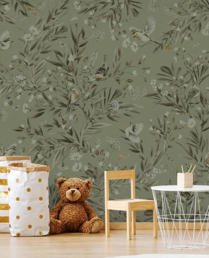groene aanpasbare speelkamermuurschildering genaamd Playful Robins - Monochrome Green voor kinderdagverblijven