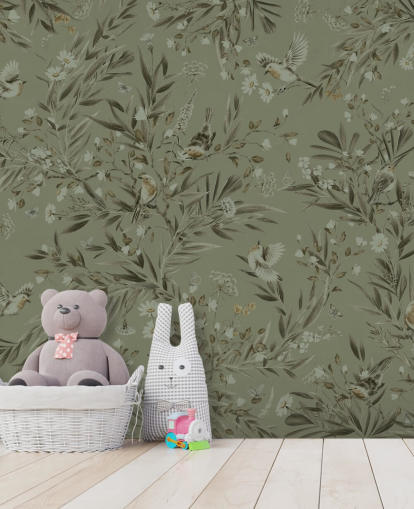 grønt tilpasseligt legerum vægmaleri kaldet Playful Robins - Monochrome Green til planteskoler