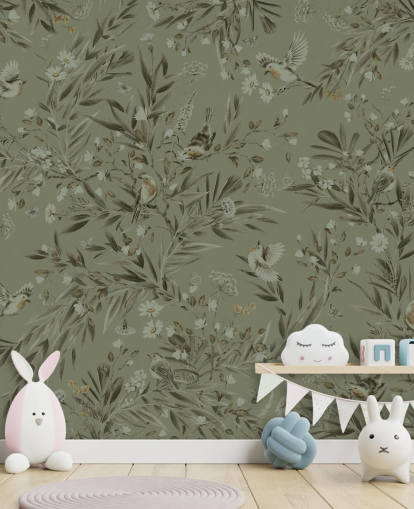 grön anpassningsbar lekrum väggmålning som heter Playful Robins - Monochrome Green för plantskolor grön anpassningsbar lekrum väggmålning som heter Playful Robins - Monochrome Green för plantskolor