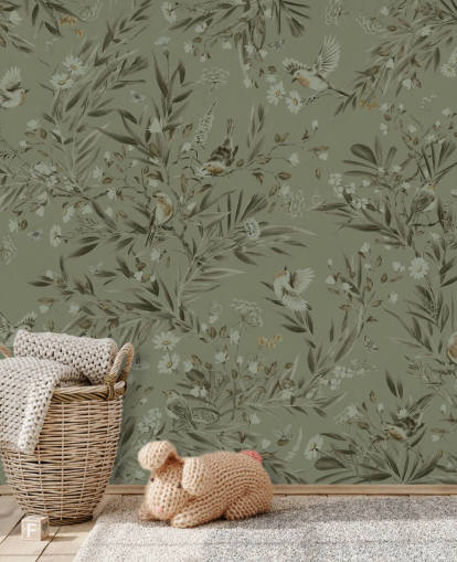 green customisable playroom wall mural called Playful Robins - Monochrome Green for nurseries