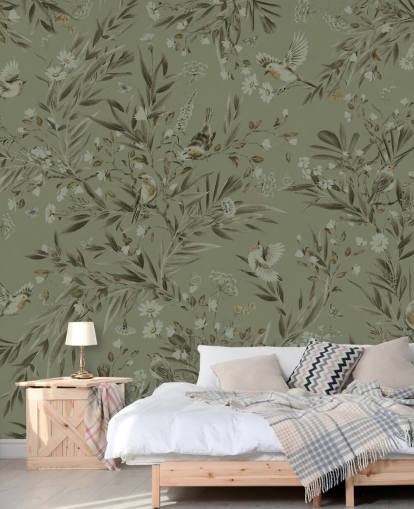 grønt tilpasseligt legerum vægmaleri kaldet Playful Robins - Monochrome Green til planteskoler grønt tilpasseligt legerum vægmaleri kaldet Playful Robins - Monochrome Green til planteskoler