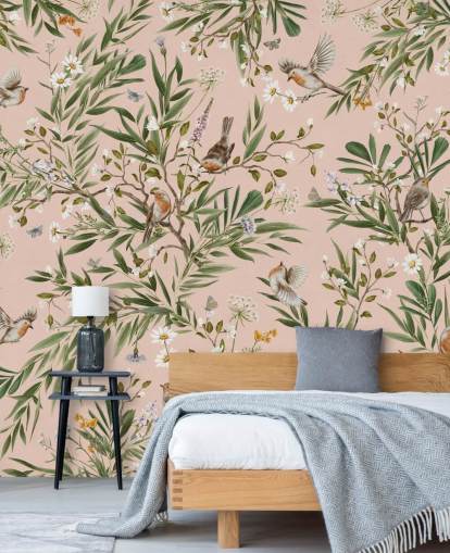 rosa tilpasset barneveggmaleri kalt Playful Robins - Pink av Kikki Belle for barnehager