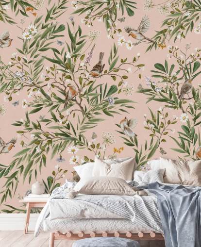 mural de parede infantil personalizado rosa chamado Playful Robins - Pink de Kikki Belle para creches