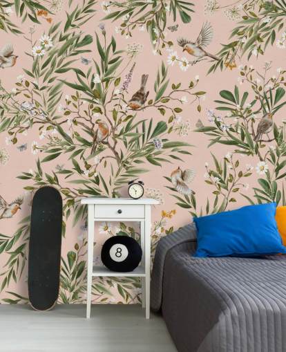 pink custom kids wall mural called Playful Robins - Pink by Kikki Belle for nurseries