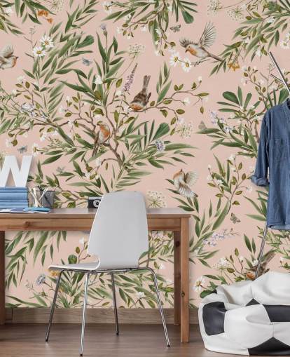 pink custom kids wall mural called Playful Robins - Pink by Kikki Belle for nurseries