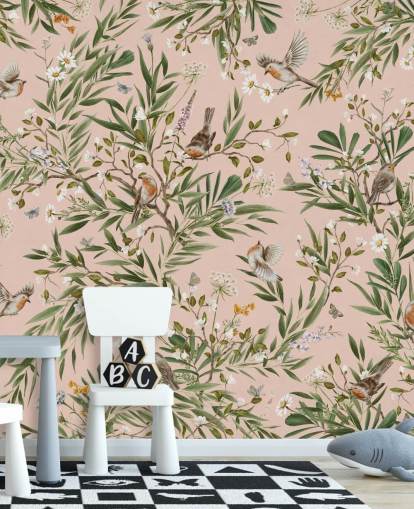 Rosafarbenes individuelles Wandbild für Kinder namens Playful Robins - Pink von Kikki Belle für Kindergärten Rosafarbenes individuelles Wandbild für Kinder namens Playful Robins - Pink von Kikki Belle für Kindergärten