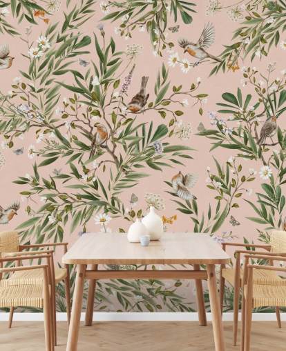 roze kindermuurschildering op maat genaamd Playful Robins - Pink van Kikki Belle voor kinderdagverblijven