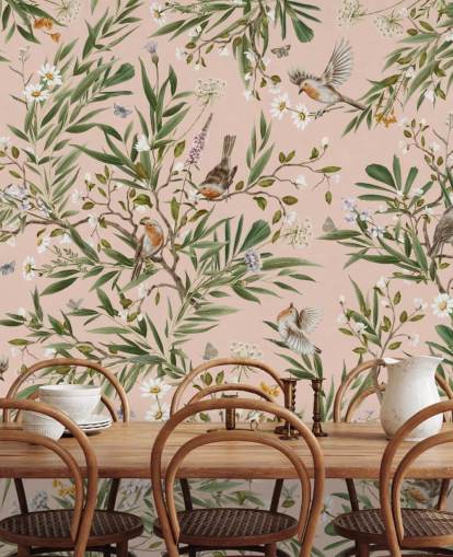 mural de pared rosa personalizado para niños llamado Playful Robins - Pink de Kikki Belle para guarderías mural de pared rosa personalizado para niños llamado Playful Robins - Pink de Kikki Belle para guarderías