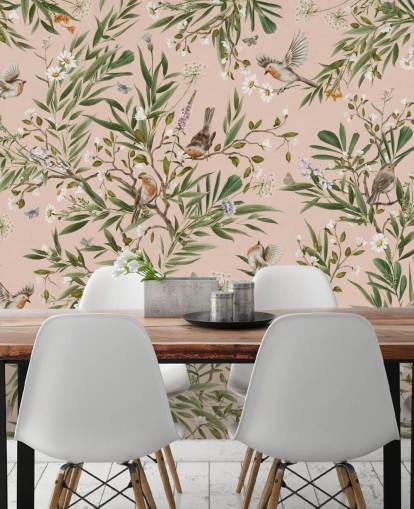 mural de parede infantil personalizado rosa chamado Playful Robins - Pink de Kikki Belle para creches