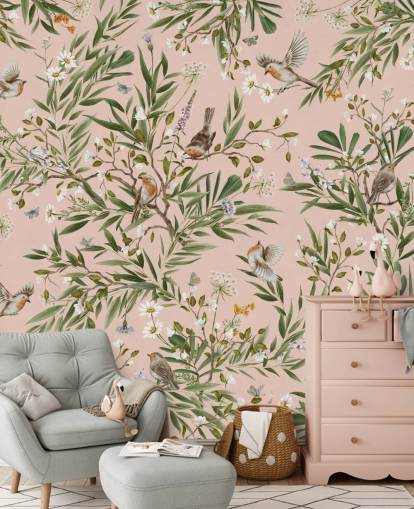 mural de pared rosa personalizado para niños llamado Playful Robins - Pink de Kikki Belle para guarderías