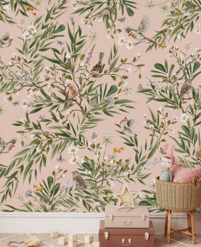 mural de pared rosa personalizado para niños llamado Playful Robins - Pink de Kikki Belle para guarderías