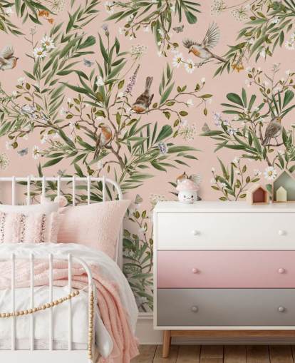 fresque murale rose personnalisée pour enfants appelée Playful Robins - Pink by Kikki Belle pour les crèches