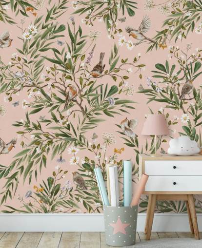 roze kindermuurschildering op maat genaamd Playful Robins - Pink van Kikki Belle voor kinderdagverblijven roze kindermuurschildering op maat genaamd Playful Robins - Pink van Kikki Belle voor kinderdagverblijven