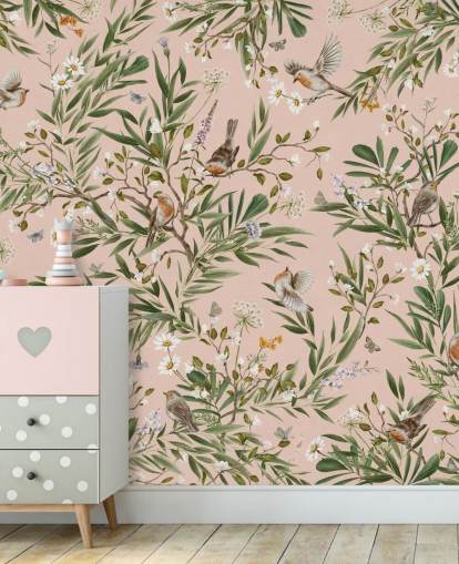 mural de pared rosa personalizado para niños llamado Playful Robins - Pink de Kikki Belle para guarderías