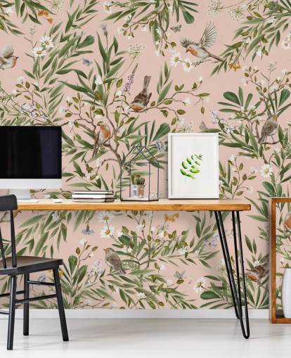 pink custom kids wall mural called Playful Robins - Pink by Kikki Belle for nurseries