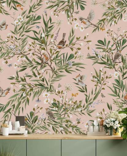 fresque murale rose personnalisée pour enfants appelée Playful Robins - Pink by Kikki Belle pour les crèches