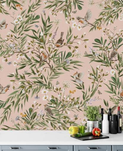 murale rosa personalizzato per bambini chiamato Playful Robins - Pink di Kikki Belle per asili nido