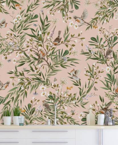 pink custom kids wall mural called Playful Robins - Pink by Kikki Belle for nurseries