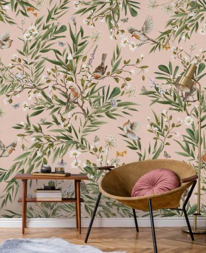 lyserødt brugerdefineret børnevægmaleri kaldet Playful Robins - Pink af Kikki Belle til planteskoler lyserødt brugerdefineret børnevægmaleri kaldet Playful Robins - Pink af Kikki Belle til planteskoler