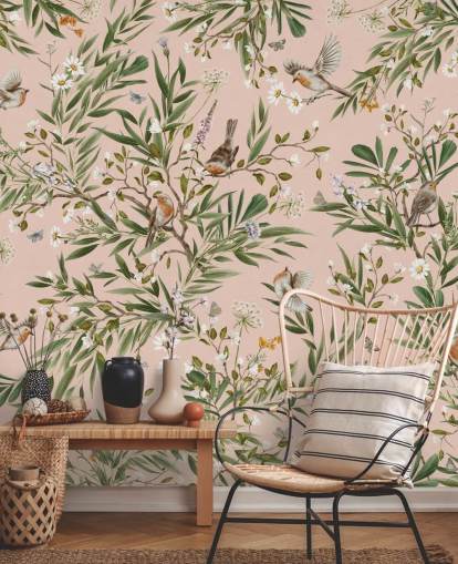 mural de pared rosa personalizado para niños llamado Playful Robins - Pink de Kikki Belle para guarderías