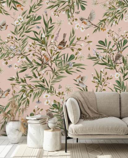pink custom kids wall mural called Playful Robins - Pink by Kikki Belle for nurseries pink custom kids wall mural called Playful Robins - Pink by Kikki Belle for nurseries