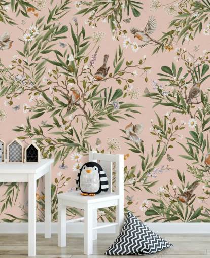 pink custom kids wall mural called Playful Robins - Pink by Kikki Belle for nurseries