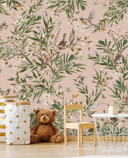 mural de parede infantil personalizado rosa chamado Playful Robins - Pink de Kikki Belle para creches mural de parede infantil personalizado rosa chamado Playful Robins - Pink de Kikki Belle para creches