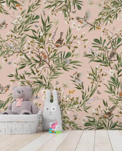 murale rosa personalizzato per bambini chiamato Playful Robins - Pink di Kikki Belle per asili nido murale rosa personalizzato per bambini chiamato Playful Robins - Pink di Kikki Belle per asili nido