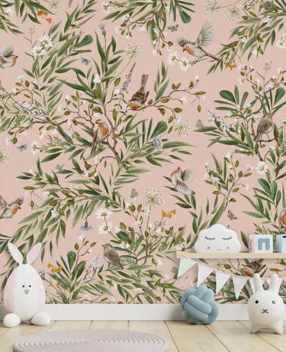 murale rosa personalizzato per bambini chiamato Playful Robins - Pink di Kikki Belle per asili nido