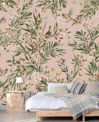 pink custom kids wall mural called Playful Robins - Pink by Kikki Belle for nurseries pink custom kids wall mural called Playful Robins - Pink by Kikki Belle for nurseries