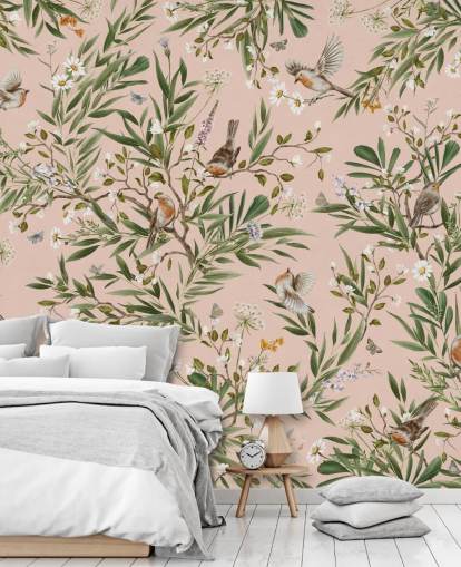 pink custom kids wall mural called Playful Robins - Pink by Kikki Belle for nurseries