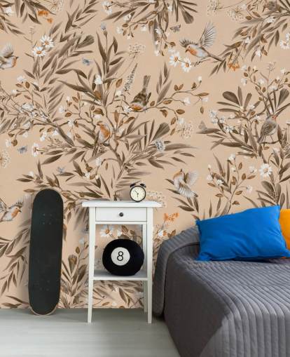 mural infantil personalizável em bege chamado Playful Robins - Vintage Beige de Kikki Belle para creches mural infantil personalizável em bege chamado Playful Robins - Vintage Beige de Kikki Belle para creches