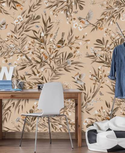 beige tilpassbart veggmaleri for barn kalt Playful Robins - Vintage Beige av Kikki Belle for barnehager