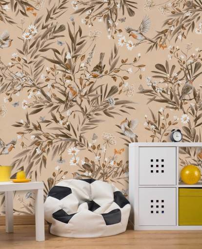 beige customisable kids mural called Playful Robins - Vintage Beige by Kikki Belle for nurseries