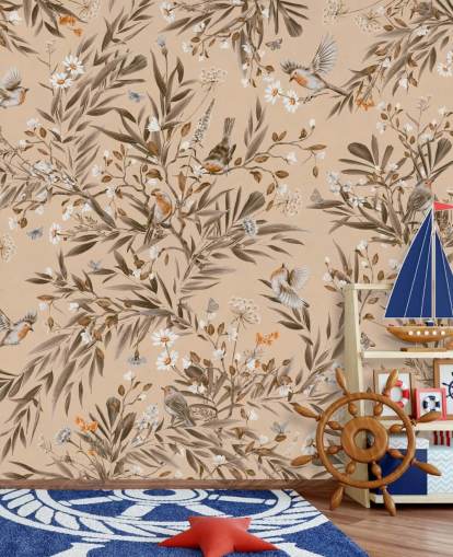 beige tilpassbart veggmaleri for barn kalt Playful Robins - Vintage Beige av Kikki Belle for barnehager beige tilpassbart veggmaleri for barn kalt Playful Robins - Vintage Beige av Kikki Belle for barnehager