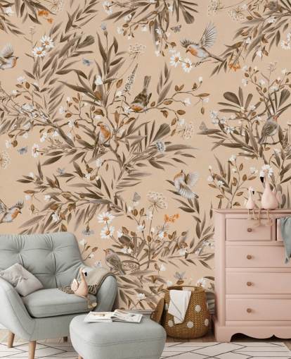 peinture murale beige personnalisable pour enfants appelée Playful Robins - Vintage Beige de Kikki Belle pour les crèches peinture murale beige personnalisable pour enfants appelée Playful Robins - Vintage Beige de Kikki Belle pour les crèches