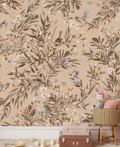 murale beige personalizzabile per bambini chiamato Playful Robins - Vintage Beige di Kikki Belle per asili nido