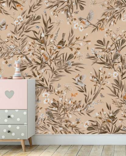 beige tilpasselig vægmaleri til børn kaldet Playful Robins - Vintage Beige af Kikki Belle til børnehaver beige tilpasselig vægmaleri til børn kaldet Playful Robins - Vintage Beige af Kikki Belle til børnehaver
