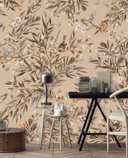 beige customisable kids mural called Playful Robins - Vintage Beige by Kikki Belle for nurseries beige customisable kids mural called Playful Robins - Vintage Beige by Kikki Belle for nurseries