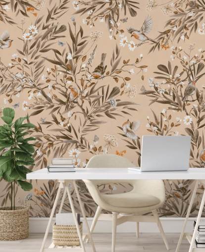 peinture murale beige personnalisable pour enfants appelée Playful Robins - Vintage Beige de Kikki Belle pour les crèches