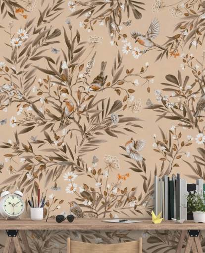 beige tilpassbart veggmaleri for barn kalt Playful Robins - Vintage Beige av Kikki Belle for barnehager