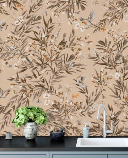 beige tilpassbart veggmaleri for barn kalt Playful Robins - Vintage Beige av Kikki Belle for barnehager
