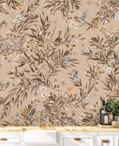 murale beige personalizzabile per bambini chiamato Playful Robins - Vintage Beige di Kikki Belle per asili nido